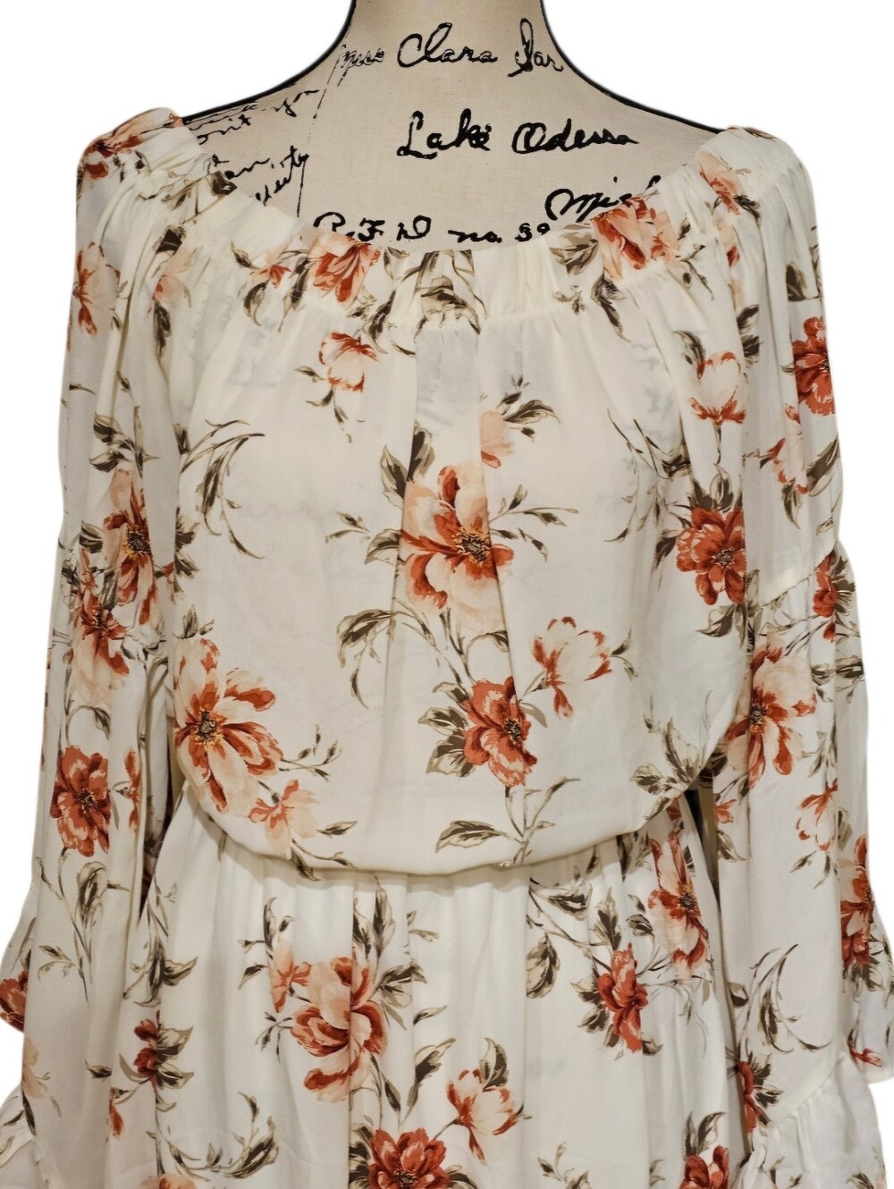 Bear Fruitt Off-Shoulder Floral Mini Dress in Cream with Rust Floral Print - Picture 4 of 7